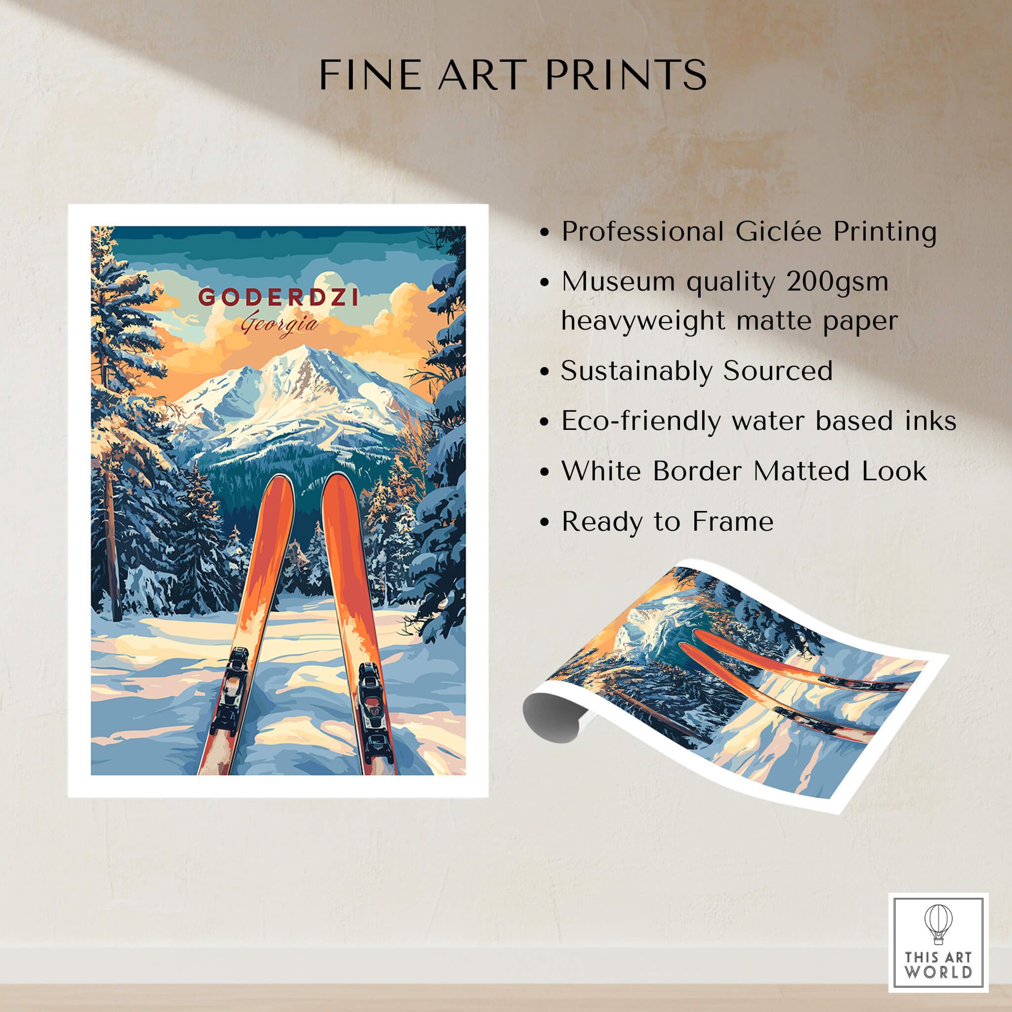 Goderdzi Ski Wall Art Print Georgia showcasing vibrant colors and scenic mountain views with ski equipment in the foreground.