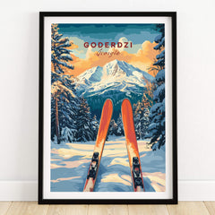 Goderdzi Ski Wall Art Print Georgia featuring skis in the snow with a majestic mountain backdrop and vibrant sunset colors.