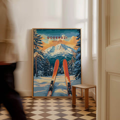 Goderdzi Ski Wall Art Print Georgia showcasing skis and mountainous scenery in a stylish interior setting.