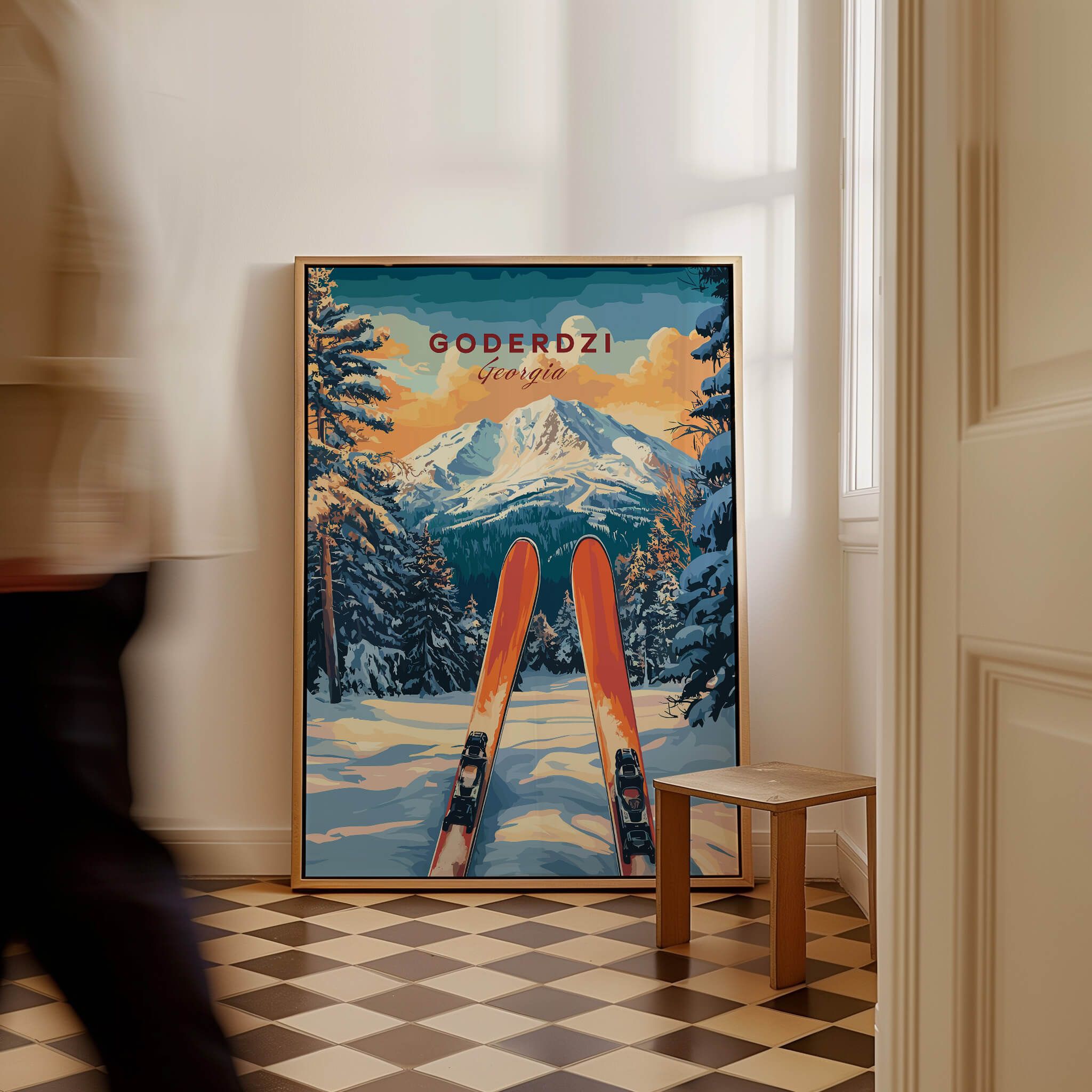 Goderdzi Ski Wall Art Print Georgia showcasing skis and mountainous scenery in a stylish interior setting.