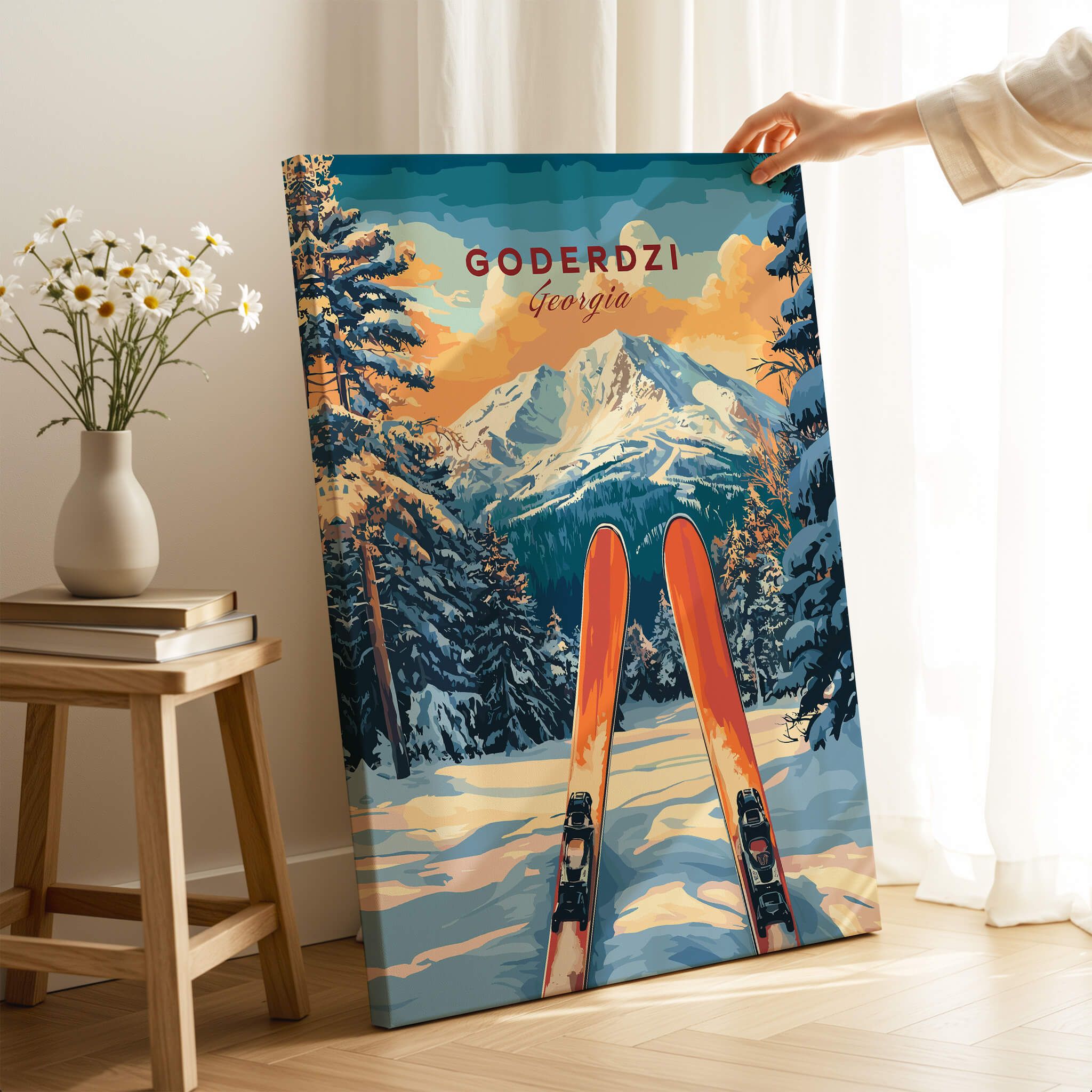 Goderdzi Ski Wall Art Print Georgia featuring vibrant skiing scene with mountains and trees.