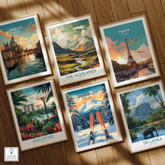 A collection of travel wall art prints including Goderdzi Ski Wall Art Print Georgia, Venice, and Paris.