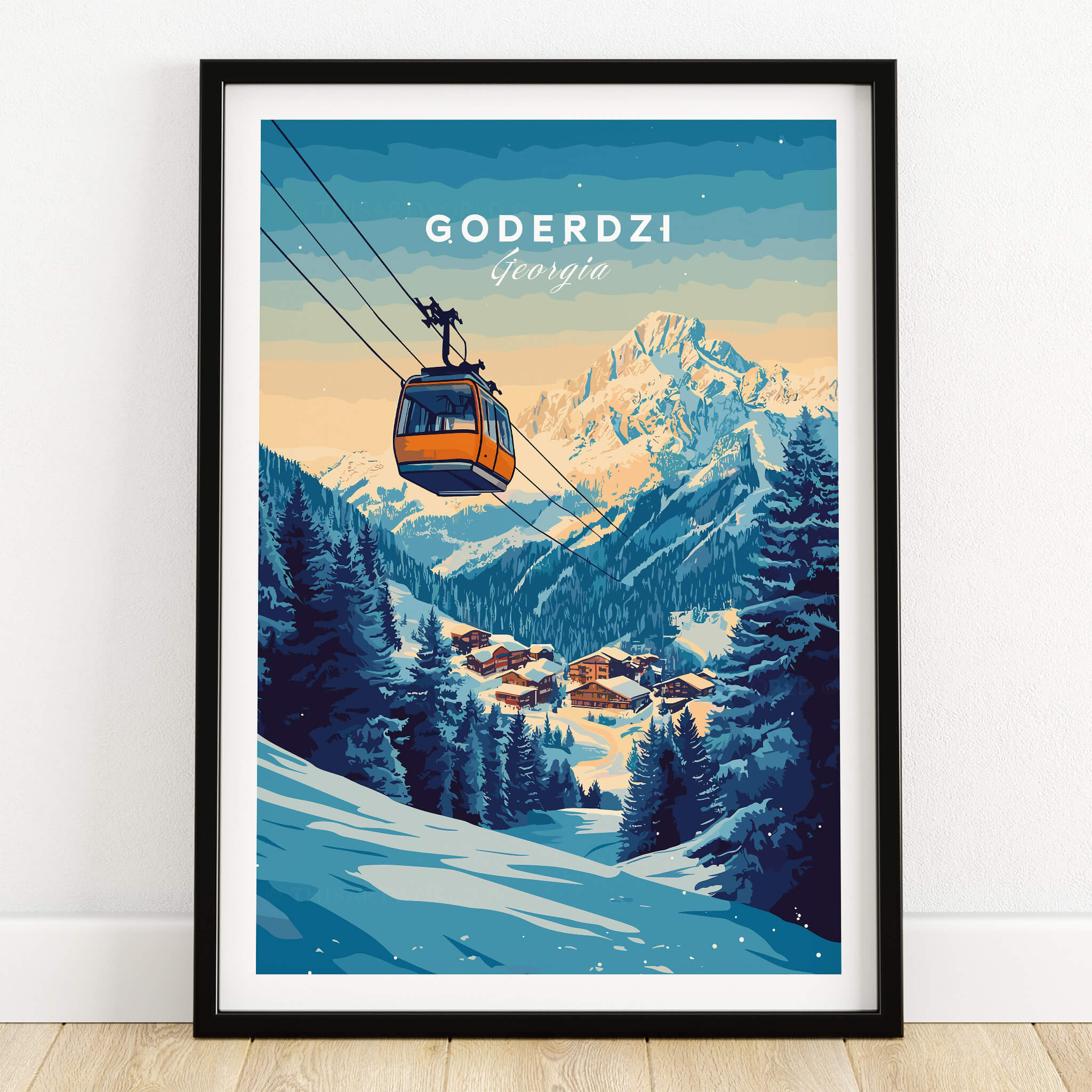 Goderdzi Print Georgia showcasing a ski resort with a gondola in the beautiful Georgian mountains.