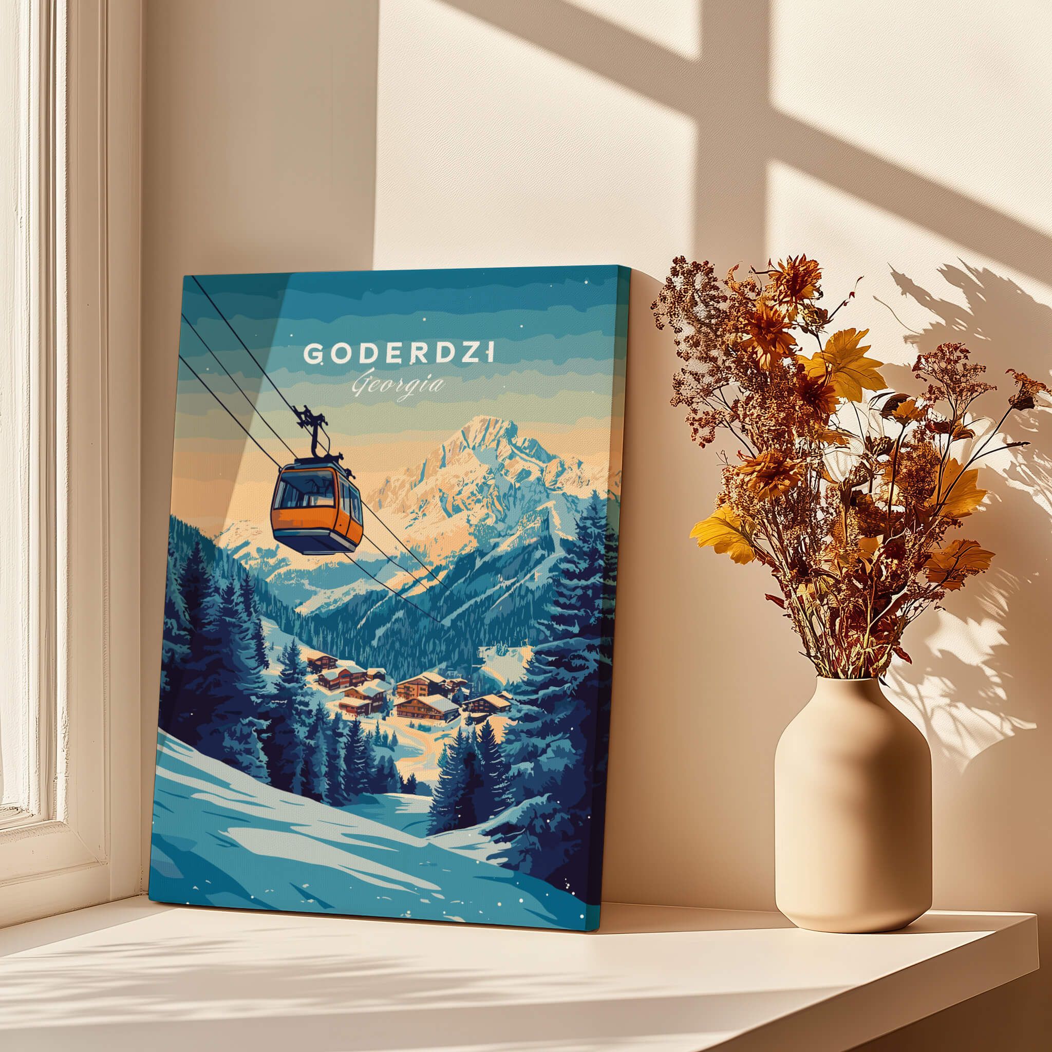 Goderdzi Print Georgia vibrant ski scene with cable car and snowy mountains, perfect for home decor.