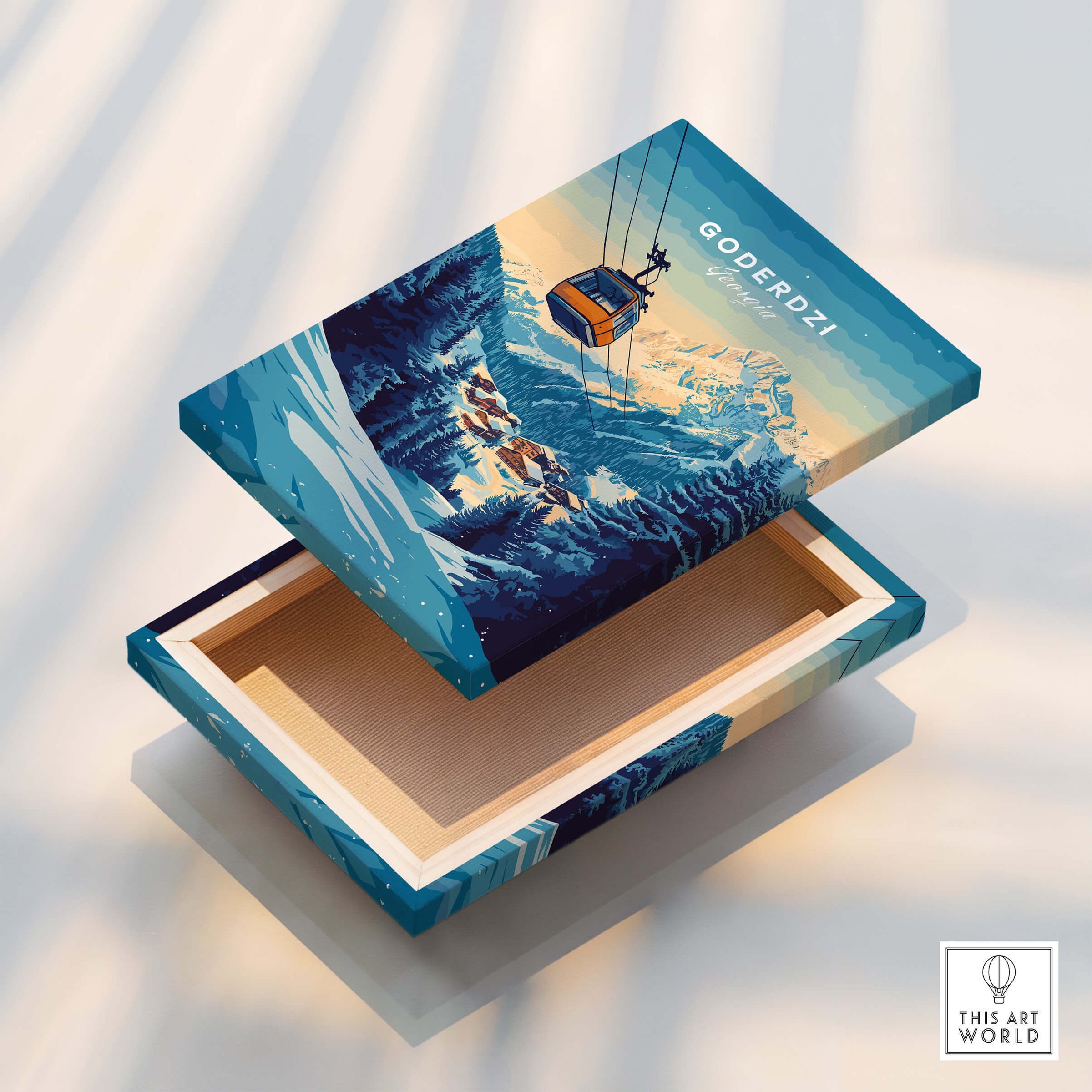 Goderdzi Print Georgia decorative box featuring a vibrant mountain ski scene and cable car design.
