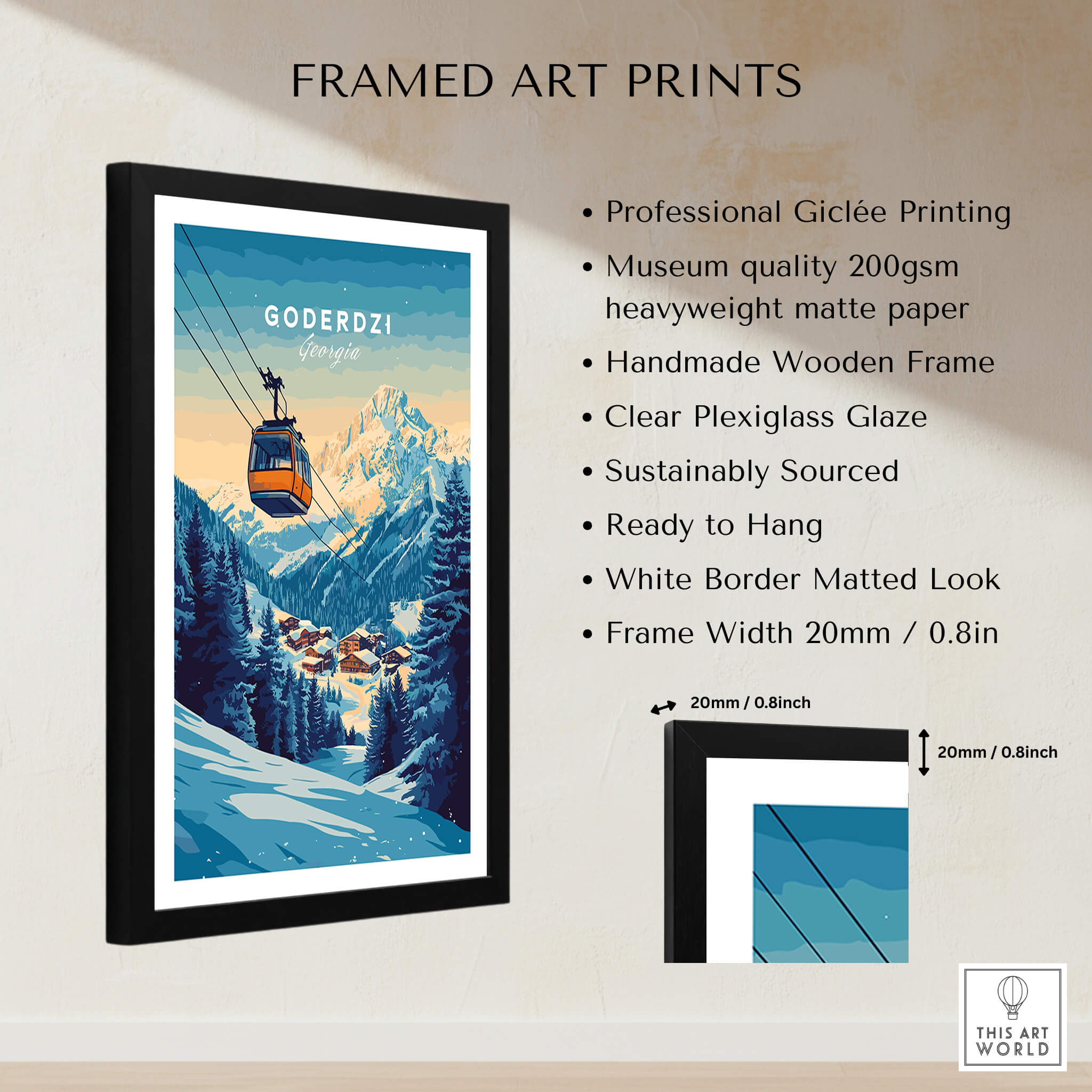 Framed Goderdzi Print Georgia featuring ski gondola in Georgian mountains, perfect for home decor.