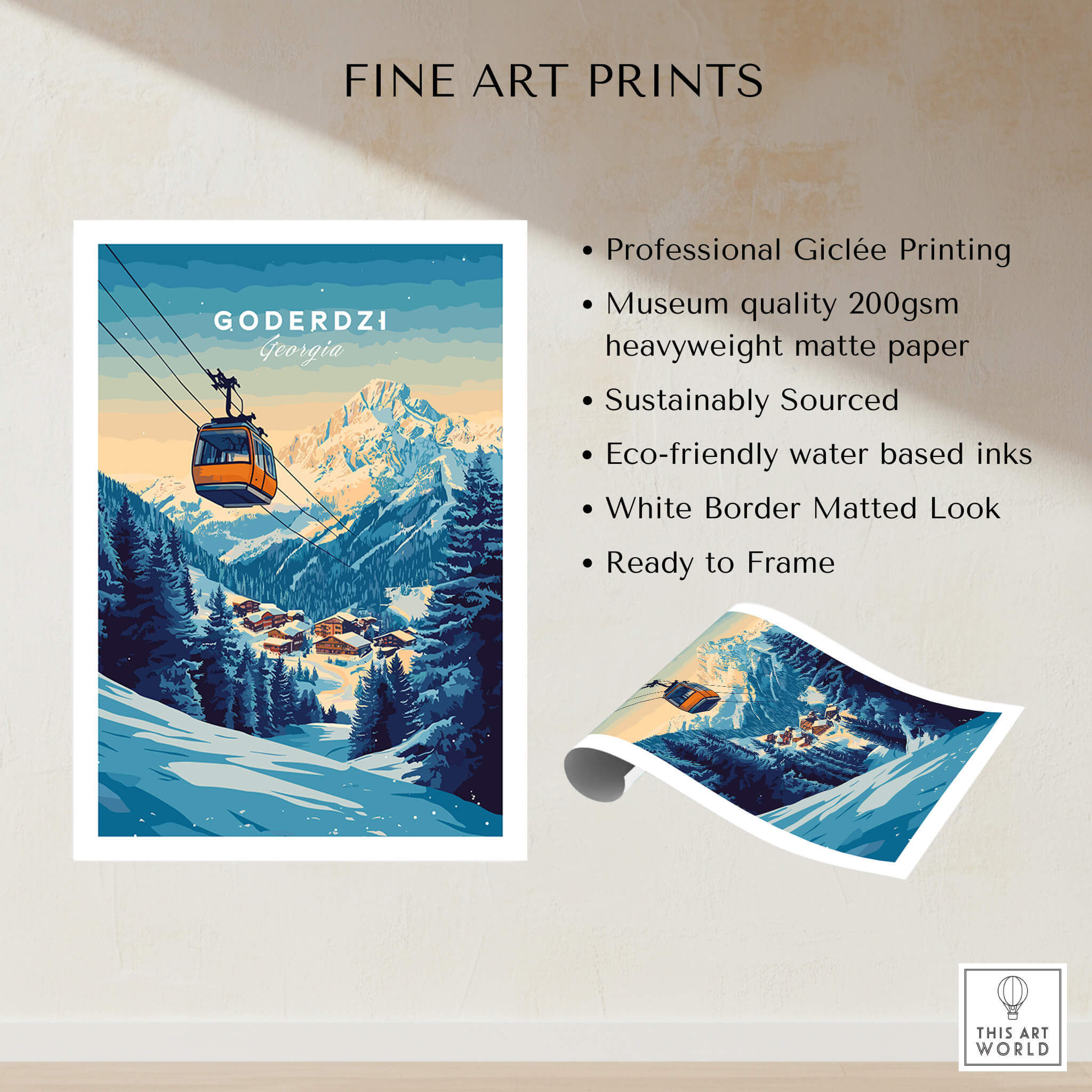 Goderdzi Print Georgia ski print featuring gondola and mountains, perfect for home decor and ready to frame.