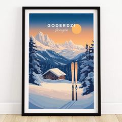 Ski Print Goderdzi Georgia showcasing a picturesque snowy mountain scene with skis, perfect for décor.