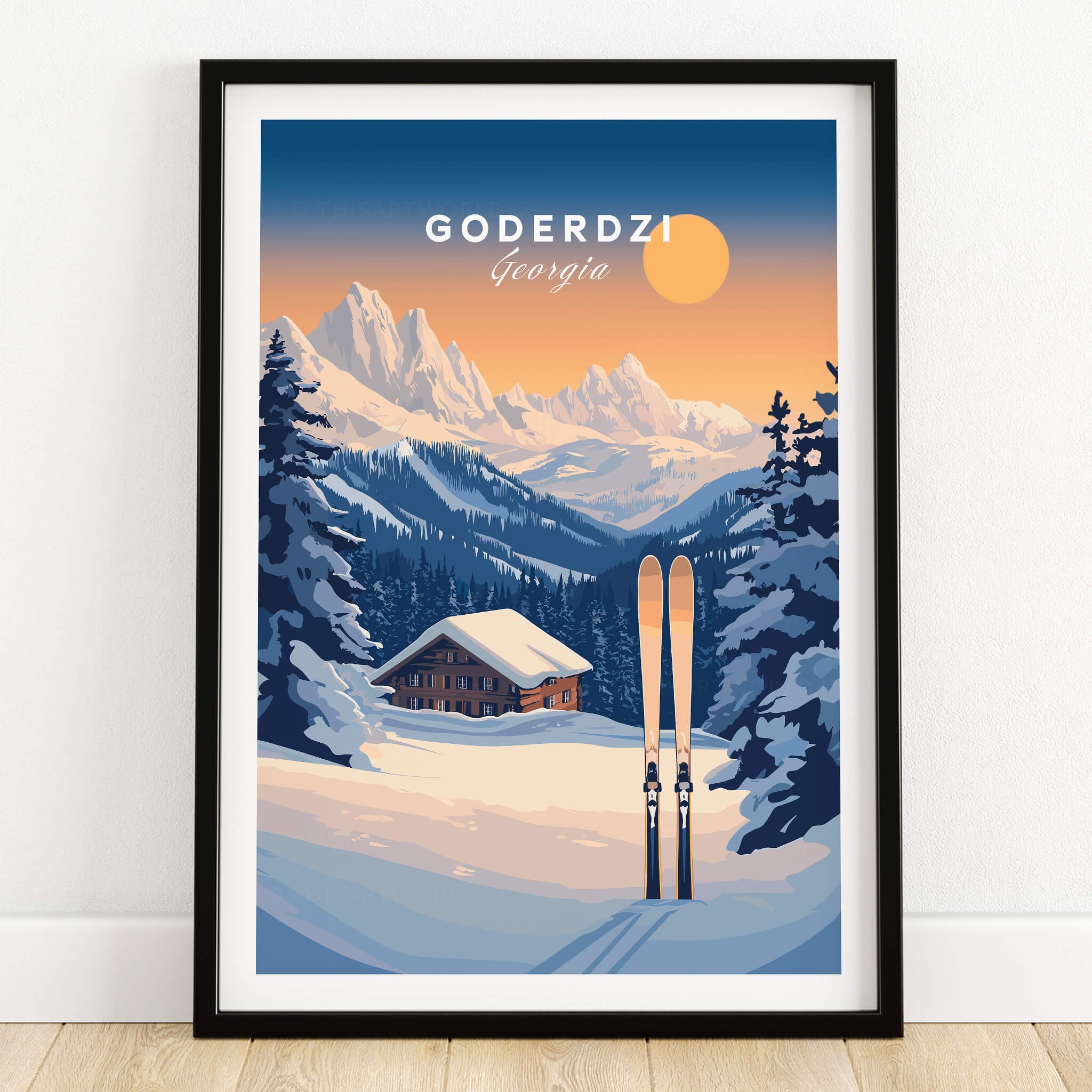 Ski Print Goderdzi Georgia showcasing a picturesque snowy mountain scene with skis, perfect for décor.