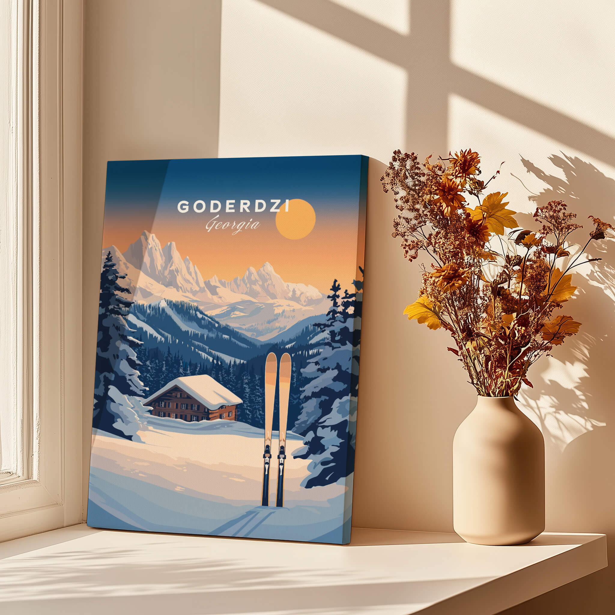 Ski Print Goderdzi Georgia showcasing beautiful mountains and skiing scenery in a cozy home setting.