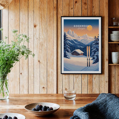 Ski Print Goderdzi Georgia featuring a picturesque mountain scene with skis against a wooden accent wall.