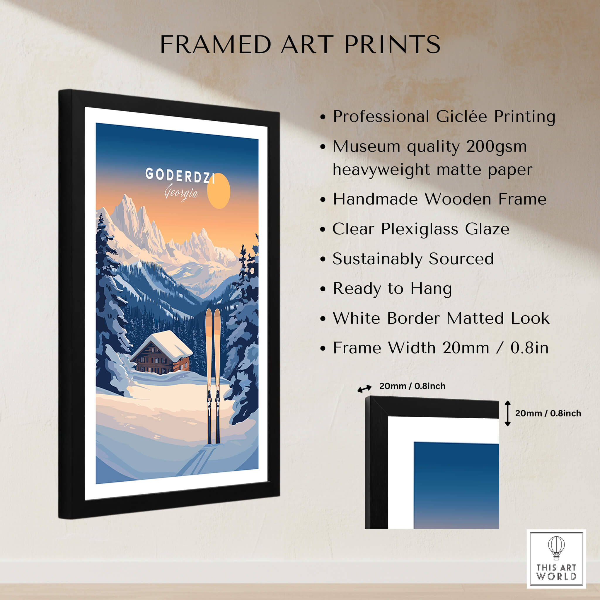 Ski Print Goderdzi Georgia framed art print showcasing picturesque mountains and skiing equipment.