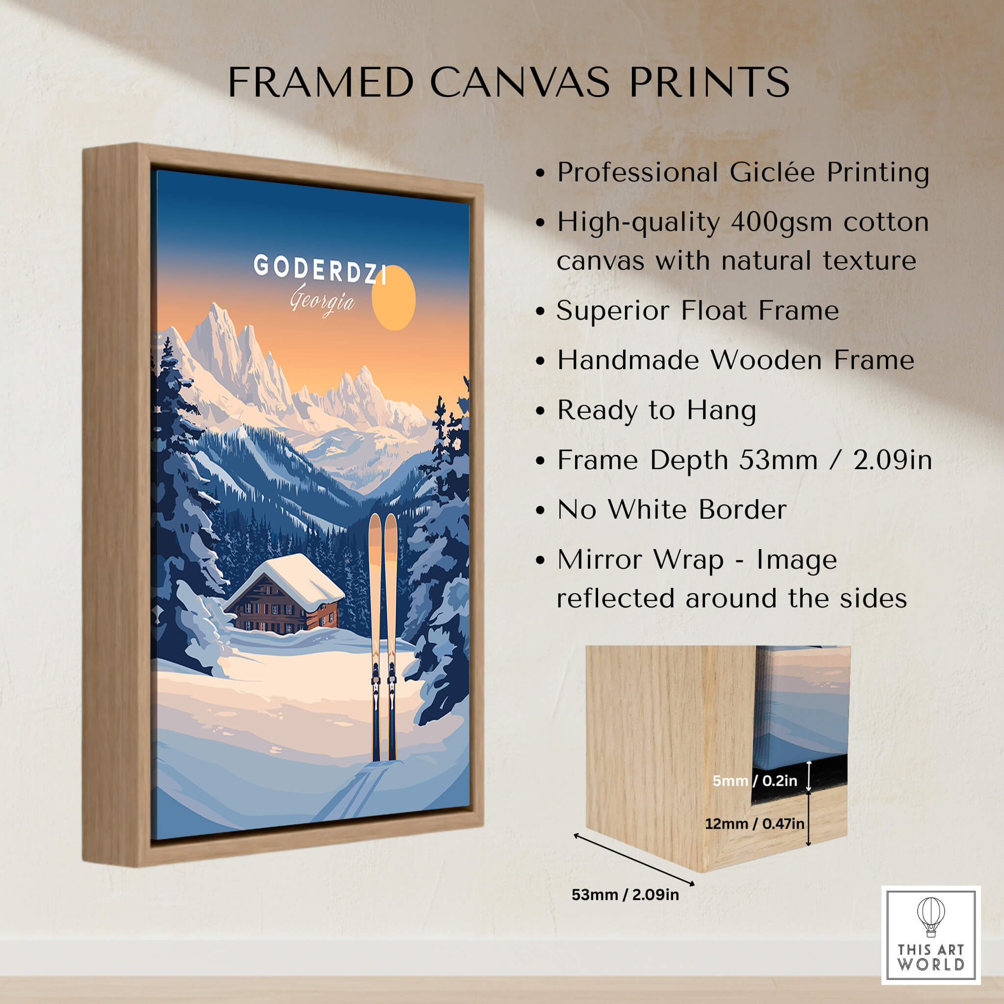 Ski Print Goderdzi Georgia framed canvas print showcasing beautiful mountains and skiing elements.
