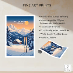 Ski Print Goderdzi Georgia showcasing stunning snow-covered mountains and skiing equipment in a vibrant design.