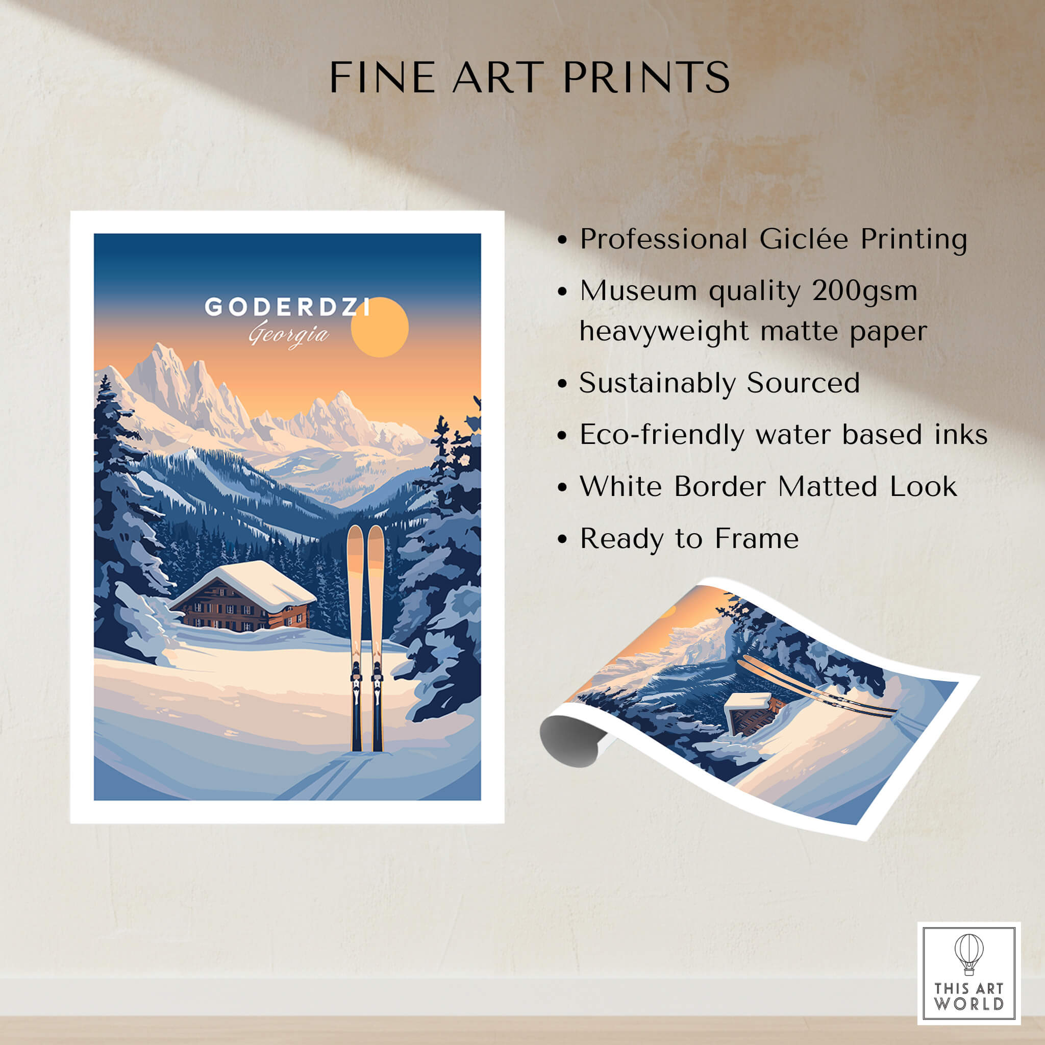 Ski Print Goderdzi Georgia showcasing stunning snow-covered mountains and skiing equipment in a vibrant design.