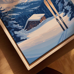 Ski Print Goderdzi Georgia showcasing skis against a snowy mountain landscape and a cozy lodge.
