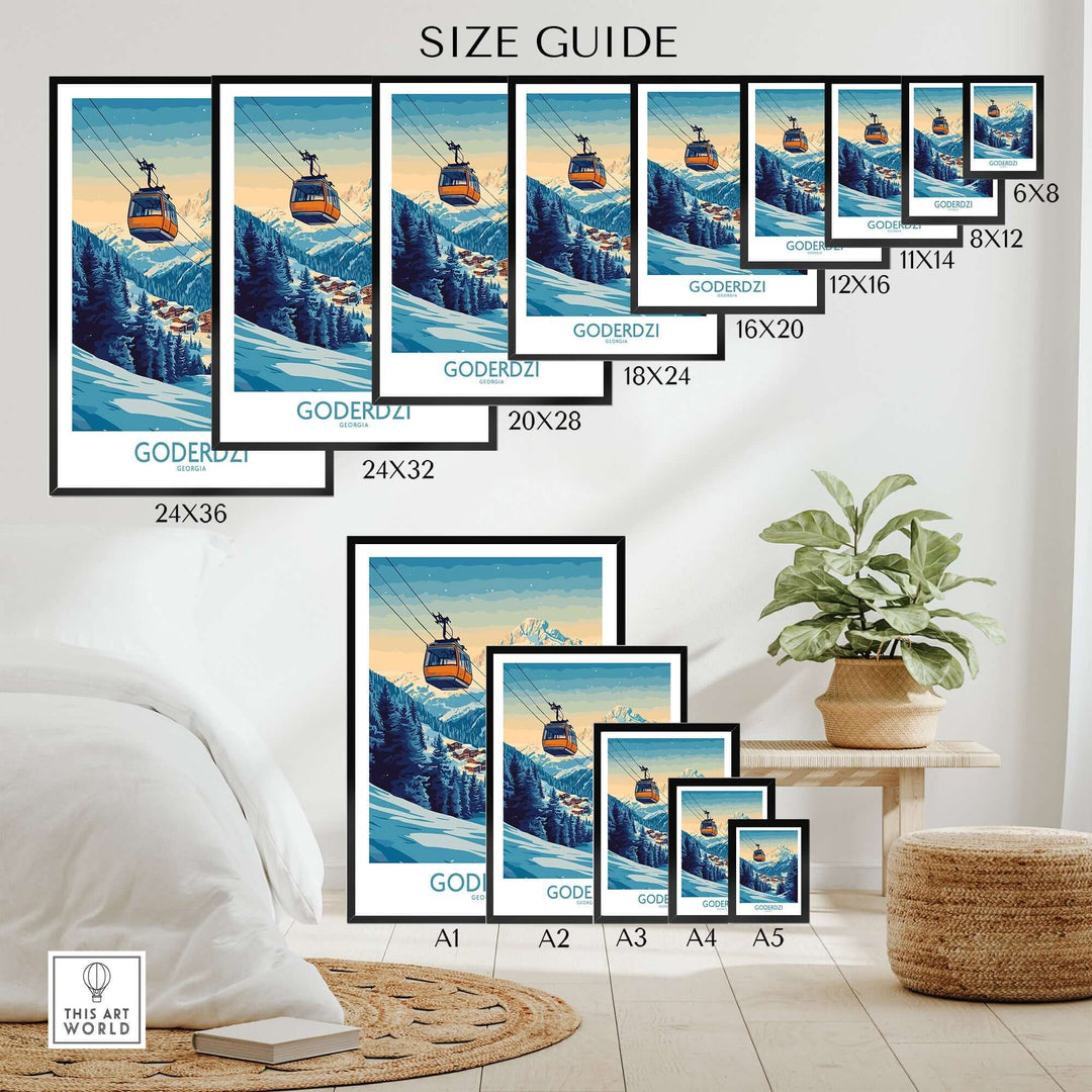 Size guide for Goderdzi Poster showcasing various dimensions in a stylish room setting. Perfect for ski and travel enthusiasts.