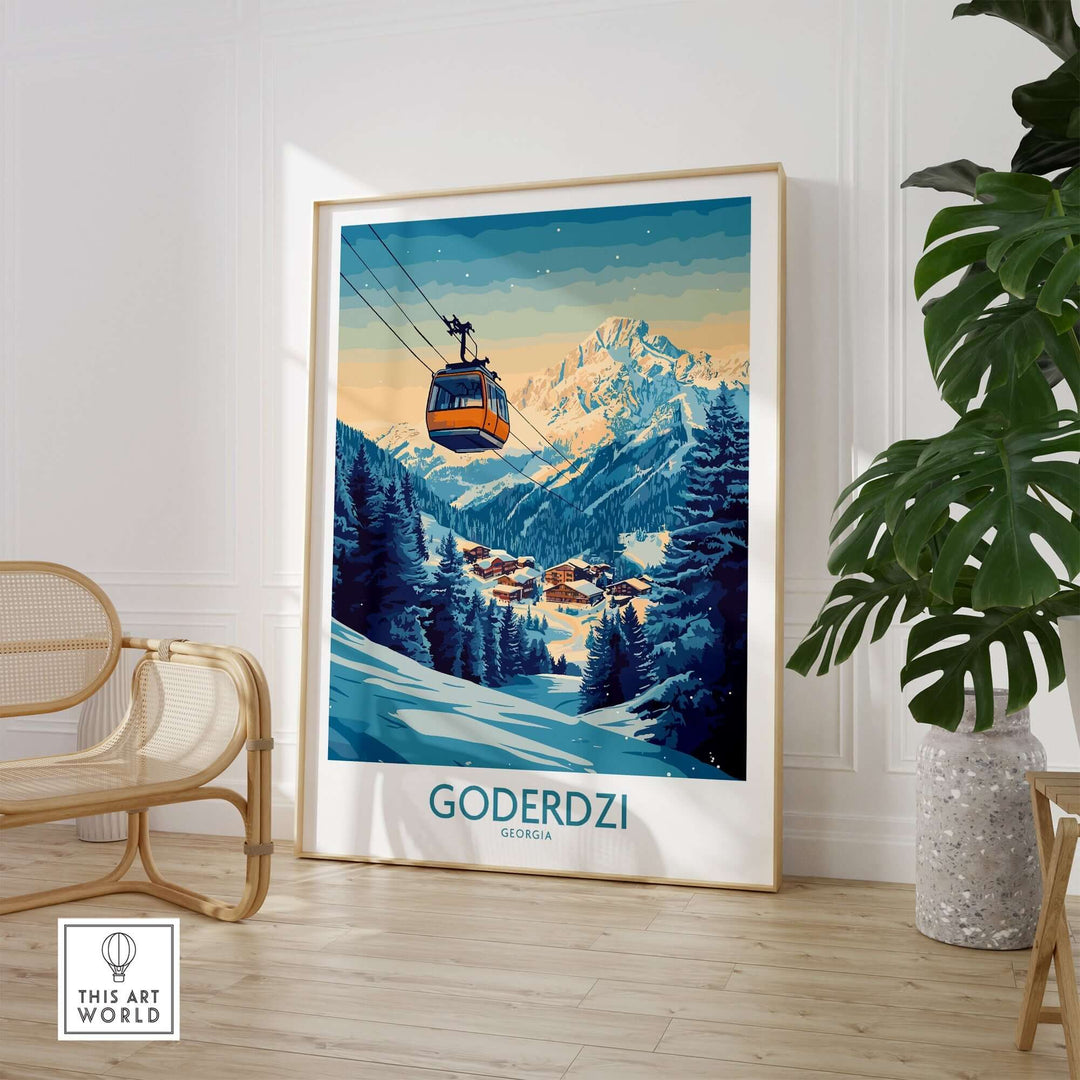 Goderdzi poster showcasing a ski resort in Georgia with a gondola, perfect for ski enthusiasts and travel lovers.