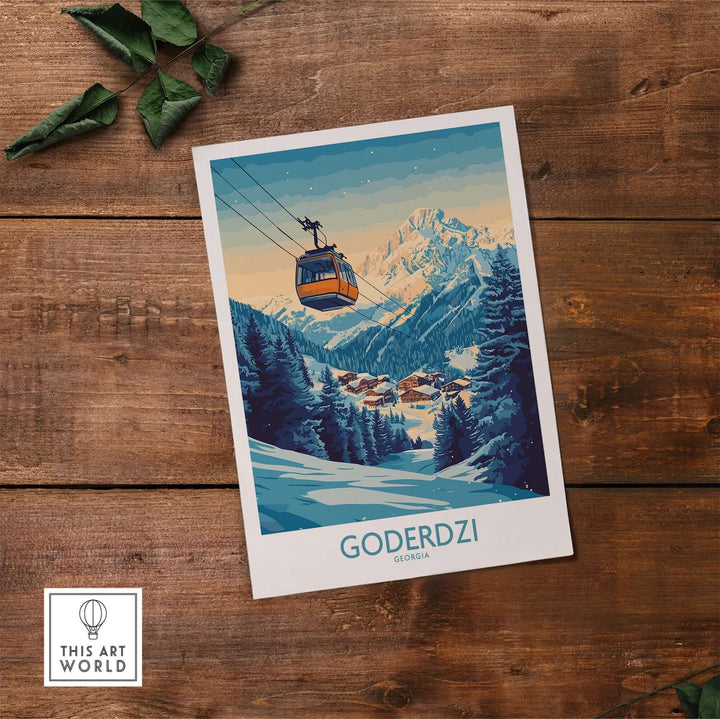 Goderdzi Poster showcasing a ski resort in Georgia with stunning mountain views and a ski lift. Perfect for adventure lovers.