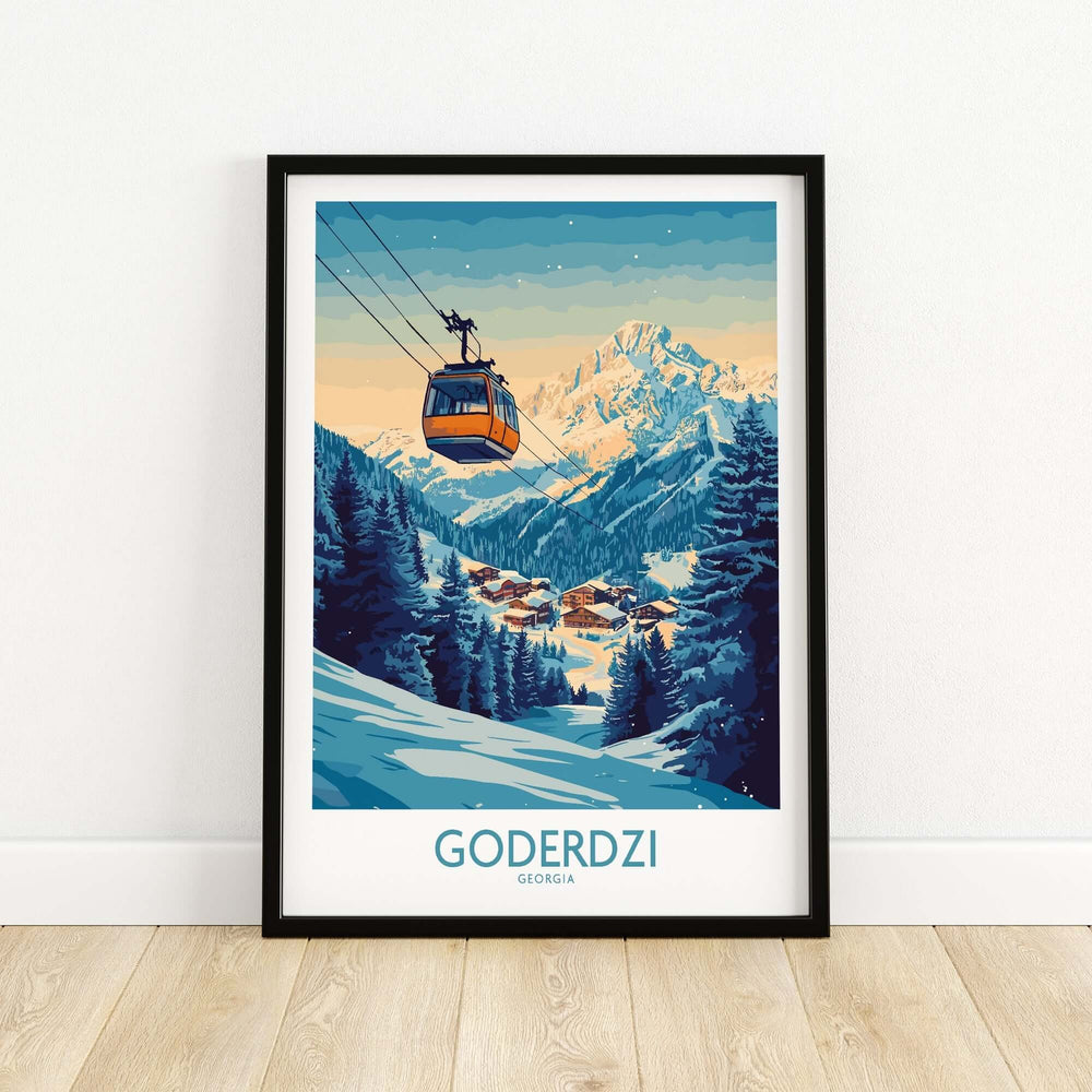 Goderdzi Poster showcasing a ski resort in Georgia with a gondola and stunning mountain views, perfect for ski enthusiasts.