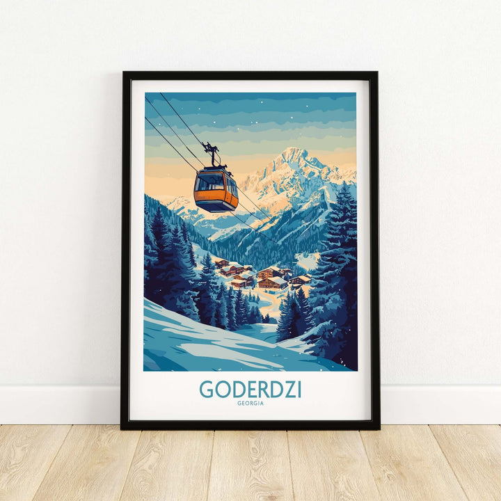 Goderdzi Poster showcasing a ski resort in Georgia with a gondola and stunning mountain views, perfect for ski enthusiasts.