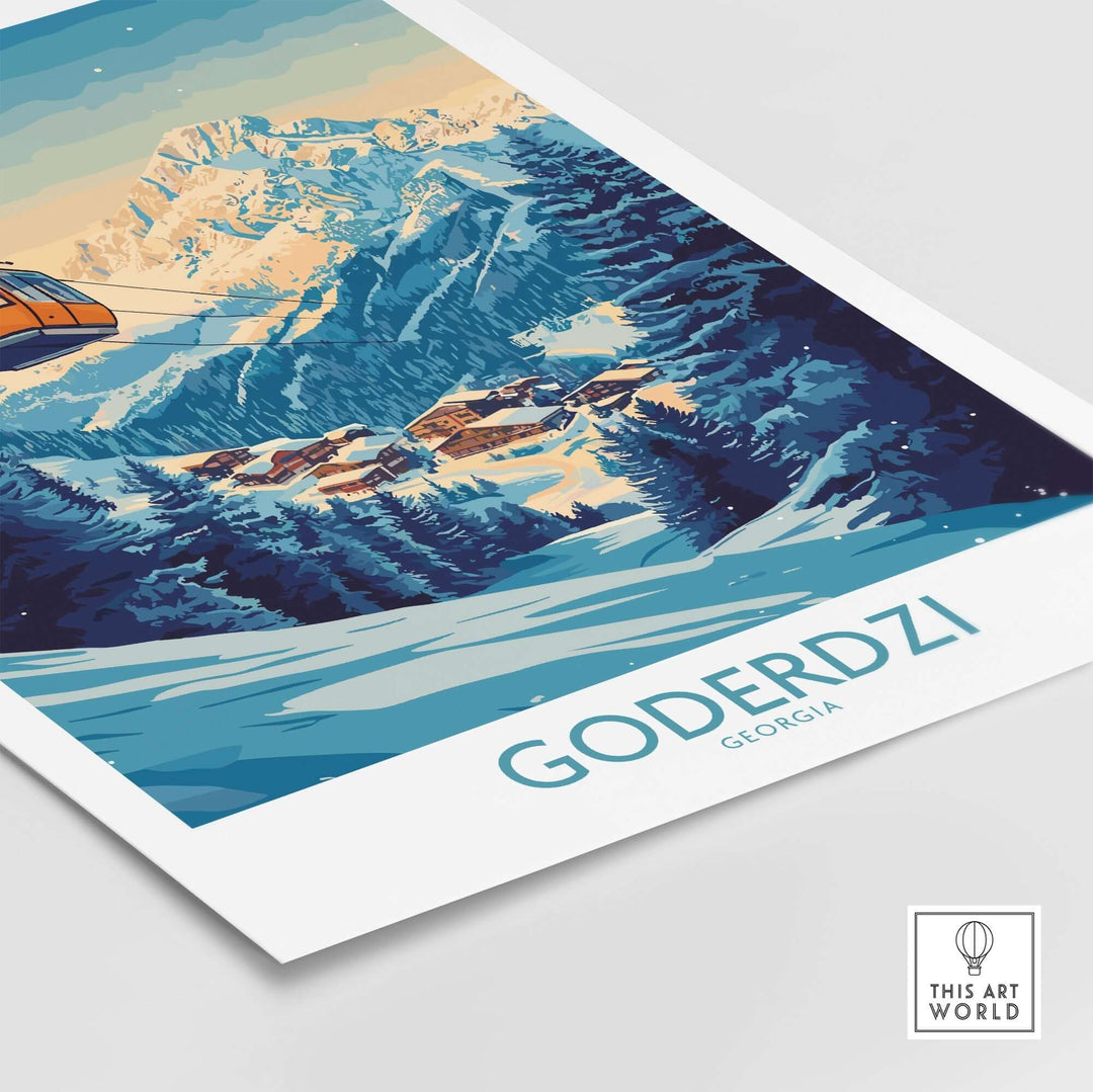 Goderdzi Poster showcasing stunning views of Georgia's ski resort with snow-covered mountains and a ski lift.