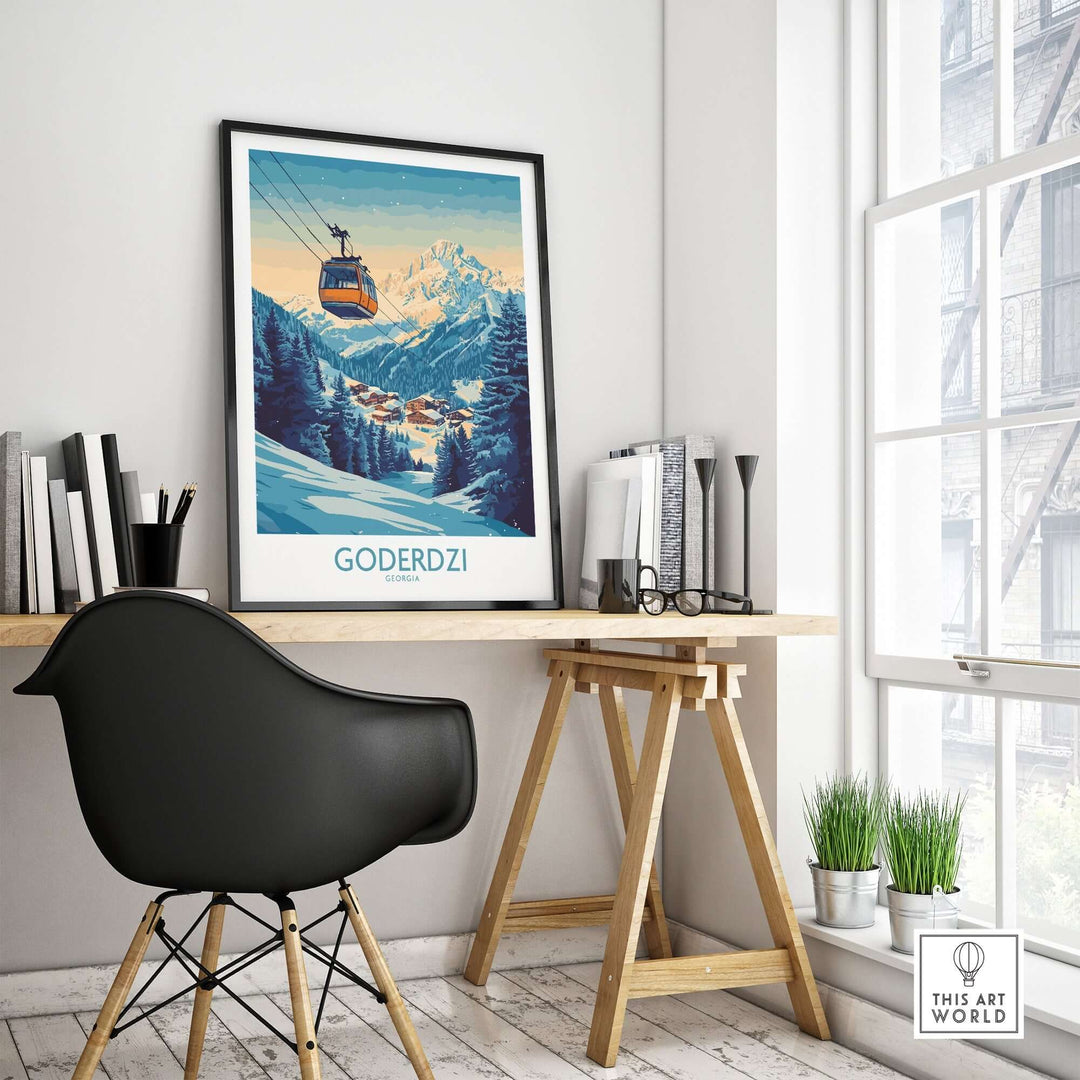 Goderdzi poster showcasing a ski resort view, perfect for inspiring adventurous home decor in a stylish workspace.