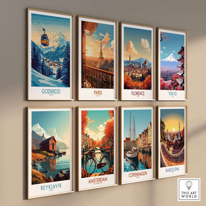 Collection of travel posters featuring Goderdzi, Paris, Florence, Tokyo, Reykjavik, Amsterdam, Copenhagen, and Barcelona.