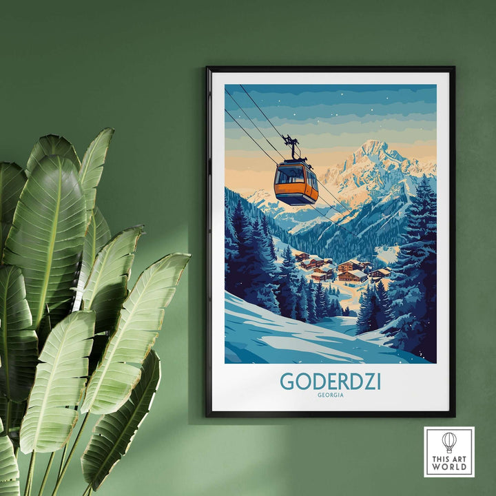 Goderdzi poster showcasing a ski resort in Georgia with a cable car and stunning mountain views, perfect for travel enthusiasts.