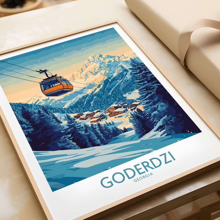 Goderdzi Poster showcasing the ski resort in Georgia with a scenic gondola and mountains, perfect for ski enthusiasts.