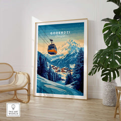 Vintage Goderdzi Print showcasing a ski resort in Georgia with a cable car and majestic mountains, ideal for home decor.