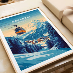 Goderdzi Print Georgia showing a ski resort, mountains, and a cable car, perfect for home decor and ski enthusiasts.