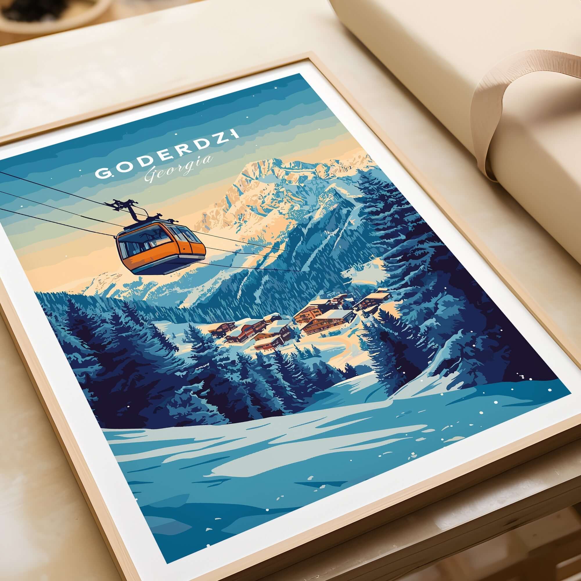 Goderdzi Print Georgia showing a ski resort, mountains, and a cable car, perfect for home decor and ski enthusiasts.