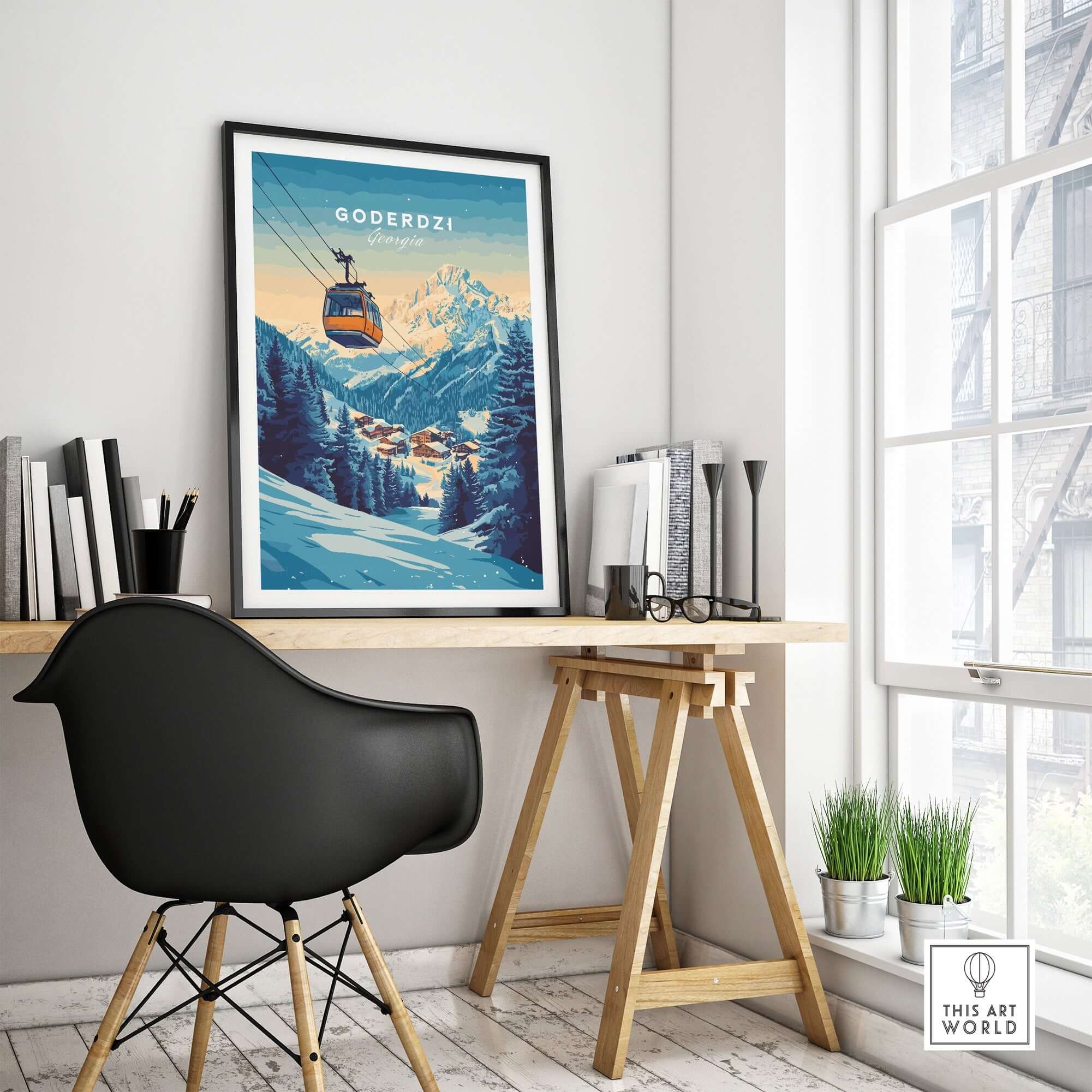 Goderdzi Print Georgia showcasing a ski lift in a cozy office setting, perfect for mountain and skiing enthusiasts.