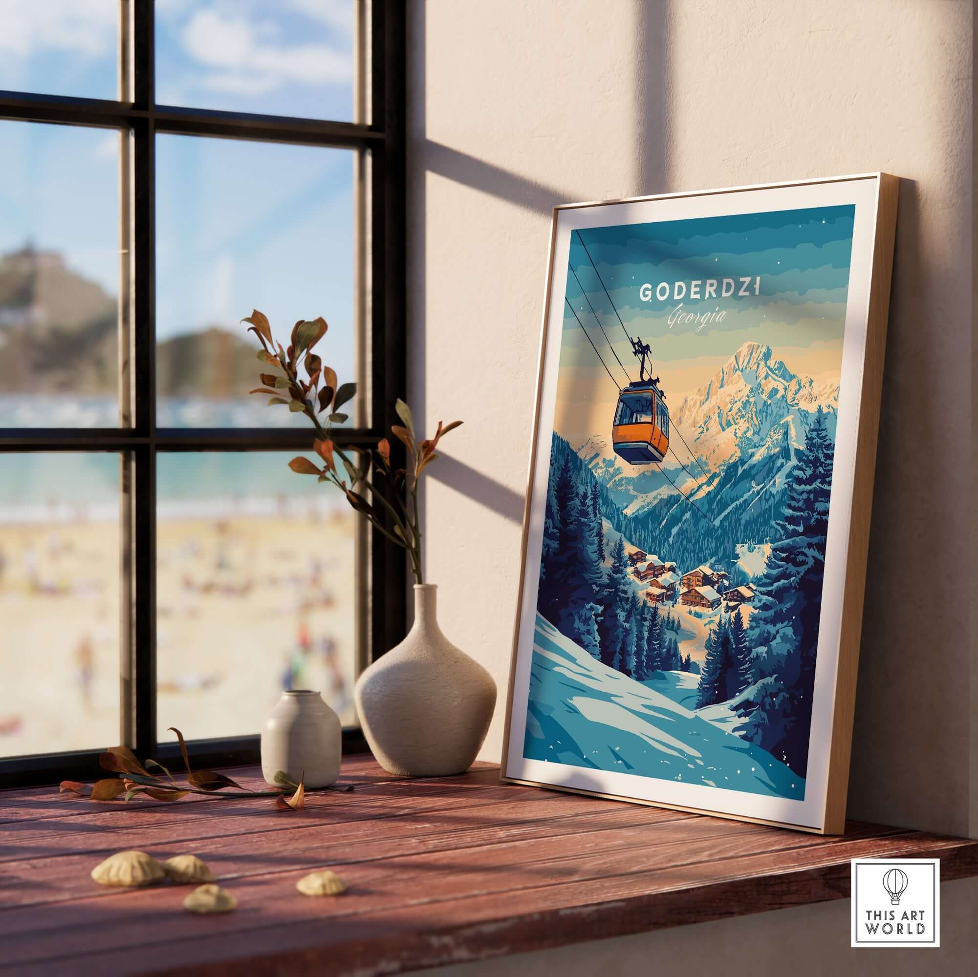 Framed Goderdzi Print Georgia decor featuring a ski gondola landscape and Georgian mountains by a sunny window.