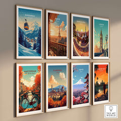 Nine vintage travel posters showcasing cities like Goderdzi, Paris, and Tokyo, framed together on a wall.