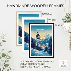 Handmade wooden frames in natural, white, and black showcasing Goderdzi ski print, sustainably sourced and ready to hang.