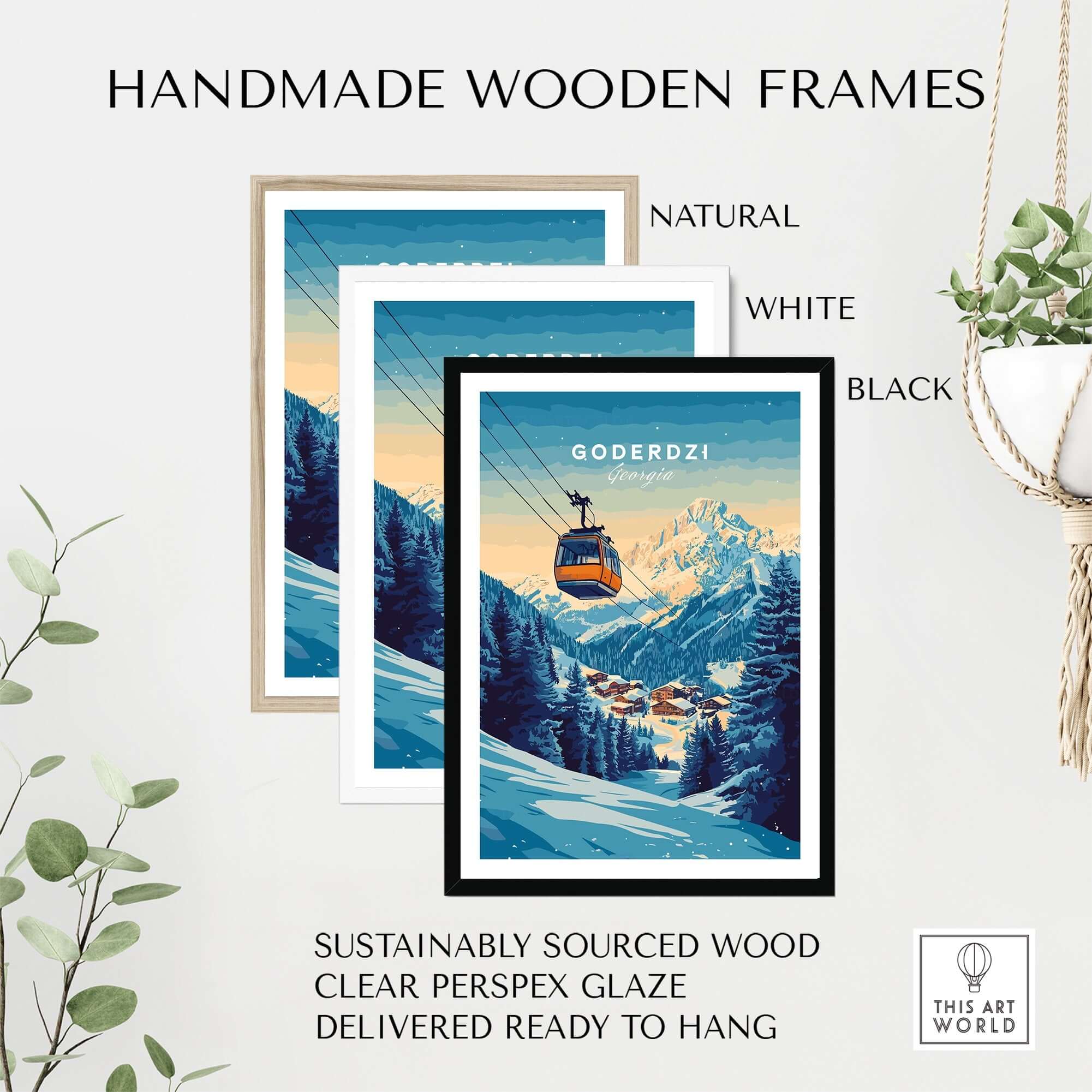 Handmade wooden frames in natural, white, and black showcasing Goderdzi ski print, sustainably sourced and ready to hang.