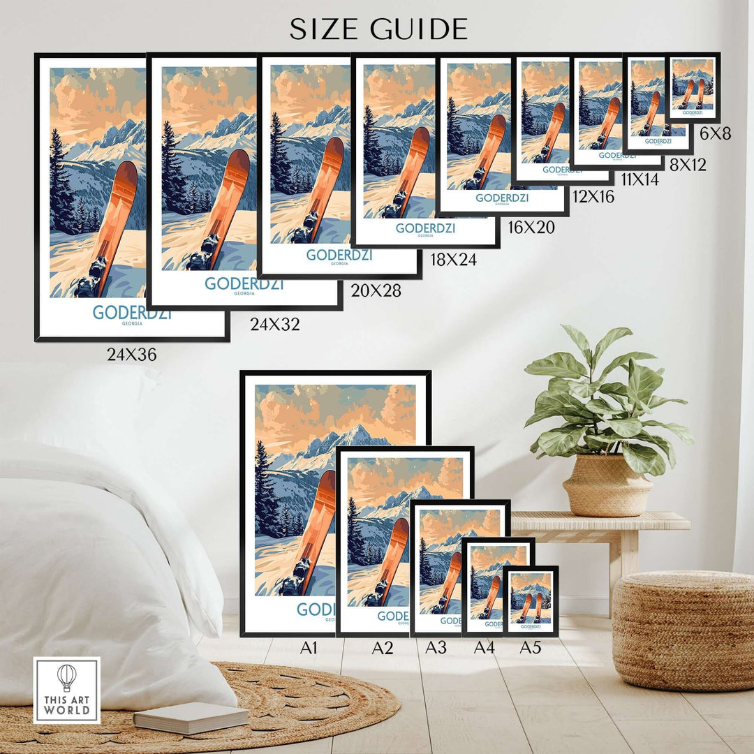 Size guide for Goderdzi Ski Poster displaying available dimensions in a stylish home setting.