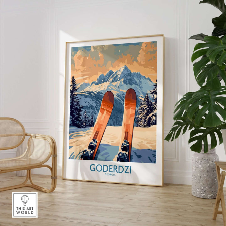 Goderdzi Ski Poster featuring vibrant skis in front of majestic mountains, perfect for ski enthusiasts and home decor.