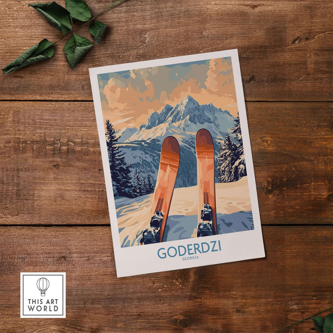 Goderdzi Ski Poster featuring skis in snow with mountains, capturing the beauty of Goderdzi Ski Resort in Georgia.