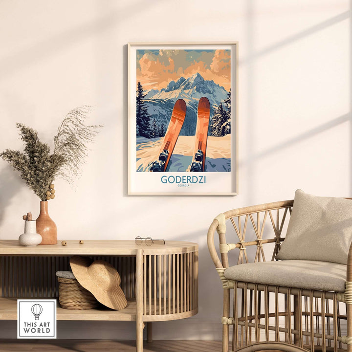 Goderdzi Ski Poster featuring ski tips and mountainous landscape, showcasing Georgia's beautiful ski resort charm.