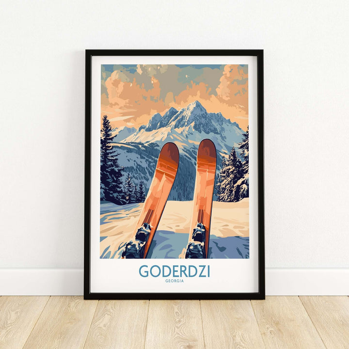 Goderdzi ski poster featuring skis in the snow with a stunning mountain backdrop, capturing the beauty of Georgia's ski resort.