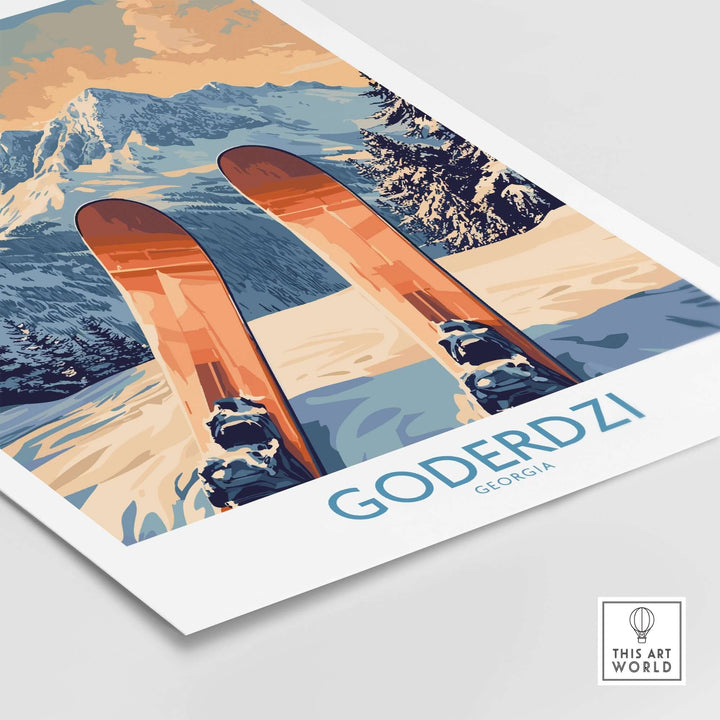 Goderdzi Ski Poster featuring vibrant skis in a snowy landscape, capturing the beauty of Georgia's ski resort.