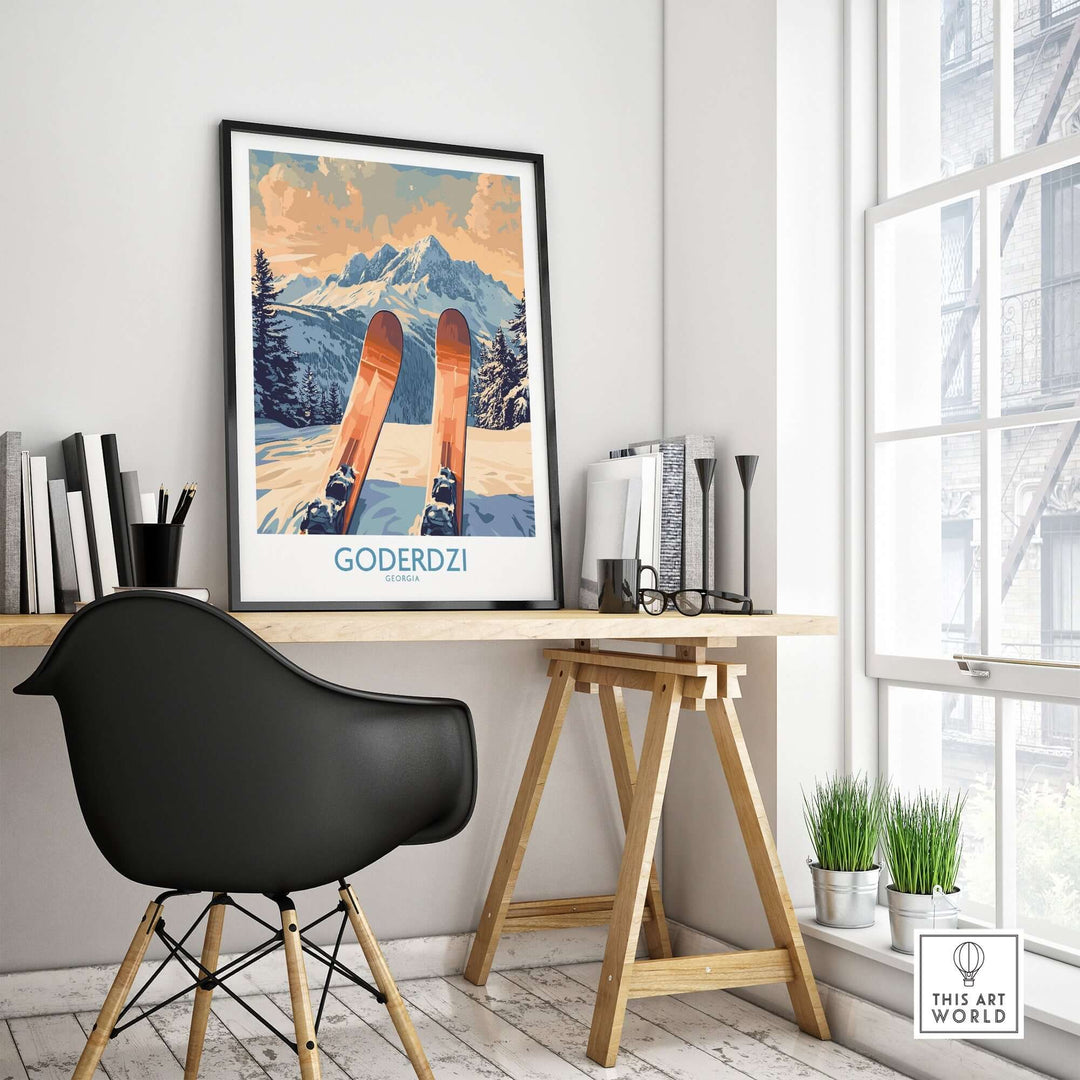 Framed Goderdzi Ski Poster featuring skis against a mountain backdrop, perfect for inspiring winter adventures in your home or office.