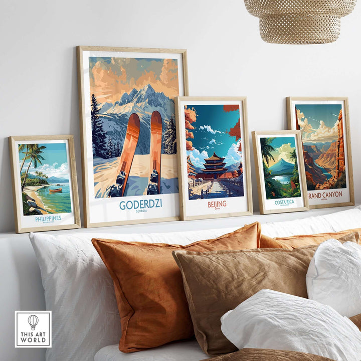 Goderdzi Ski Poster displayed among travel posters, featuring skis, mountains, and vibrant landscapes in a stylish interior setting.