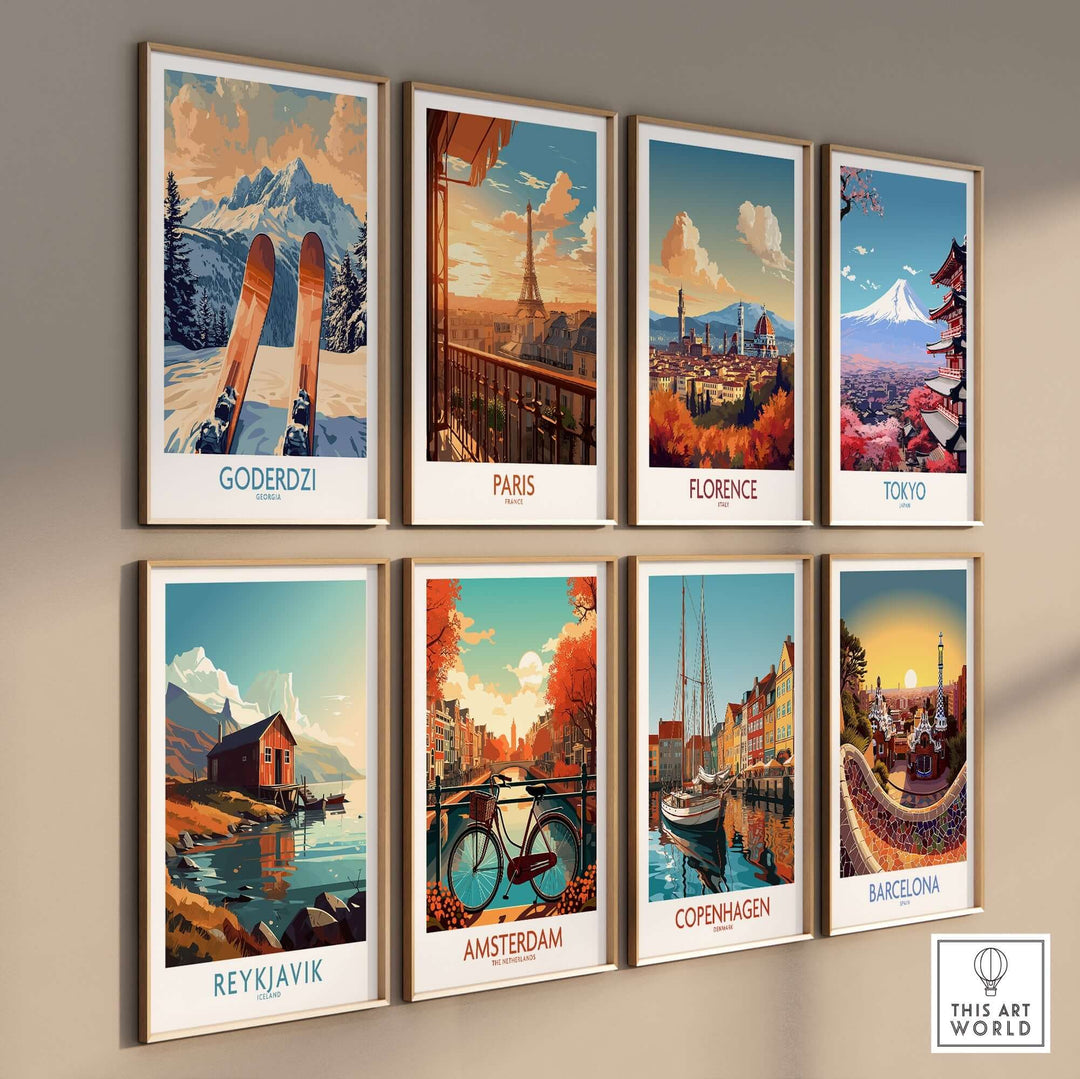 Goderdzi Ski Poster and travel-themed art prints showcasing popular global destinations on a wall display.