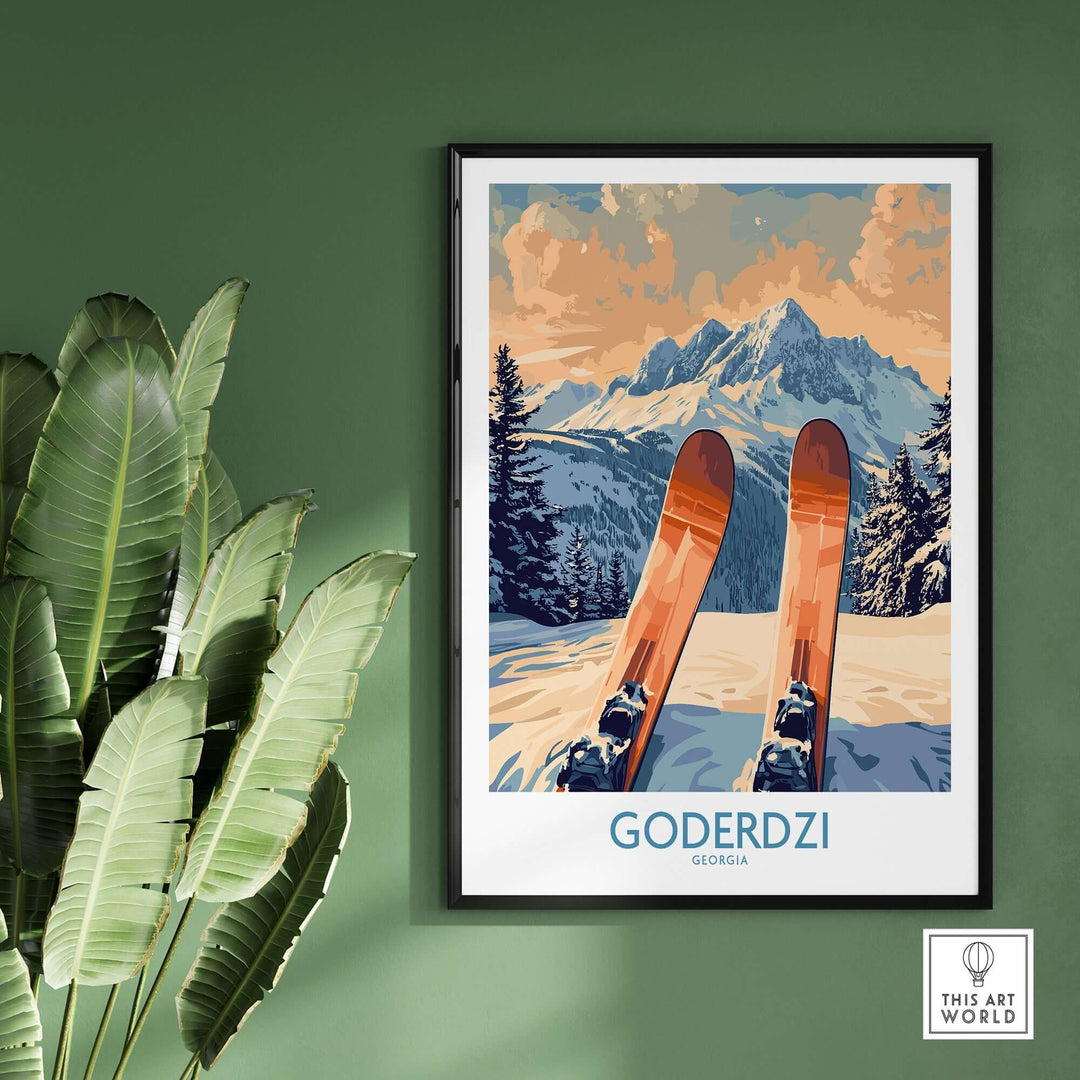 Goderdzi Ski Poster featuring vibrant skis and stunning mountain landscapes, perfect for skiing enthusiasts and home decor.