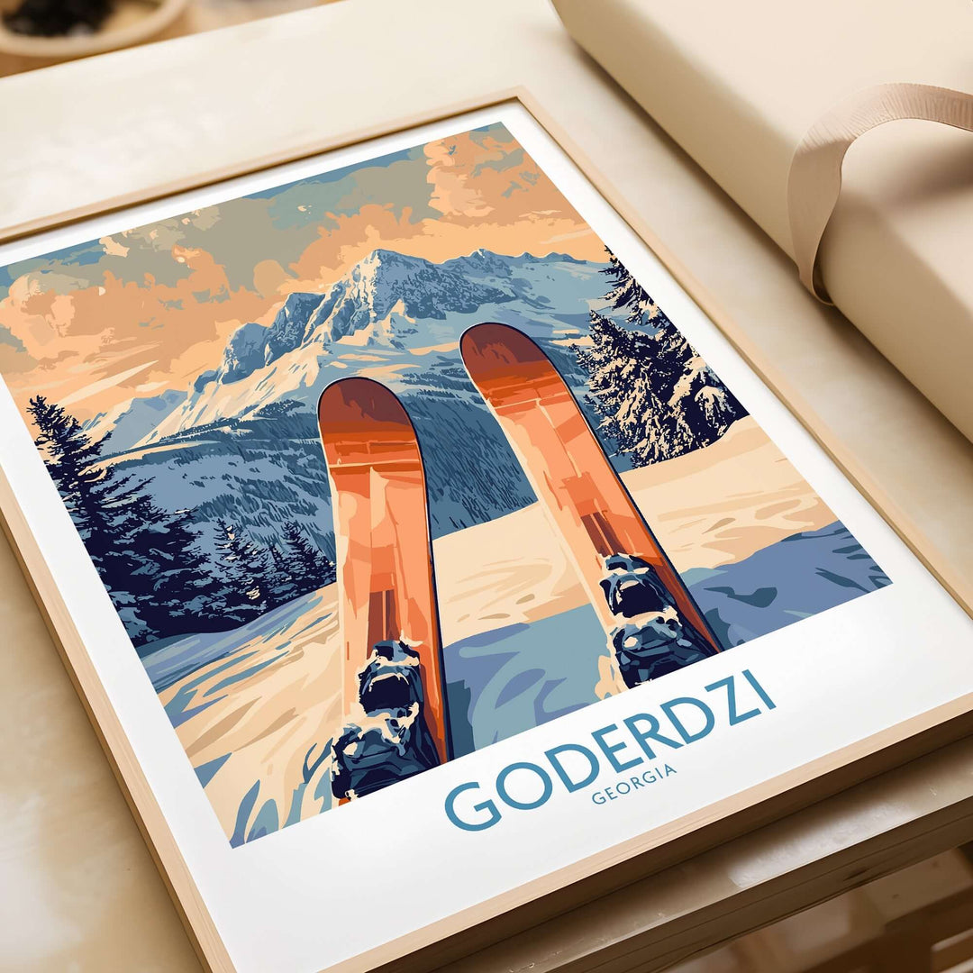 Goderdzi Ski Poster featuring vibrant ski equipment against a stunning mountain backdrop in Georgia. Perfect for ski enthusiasts.