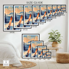Size guide for Goderdzi Ski Print showcasing various frame sizes in a stylish interior setting. Perfect for skiing enthusiasts.